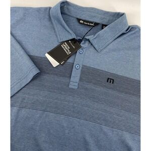 Travis Mathew Shirt Mens 2XL Blue Polo Golf‎ Coastal Stripe Performance Casual